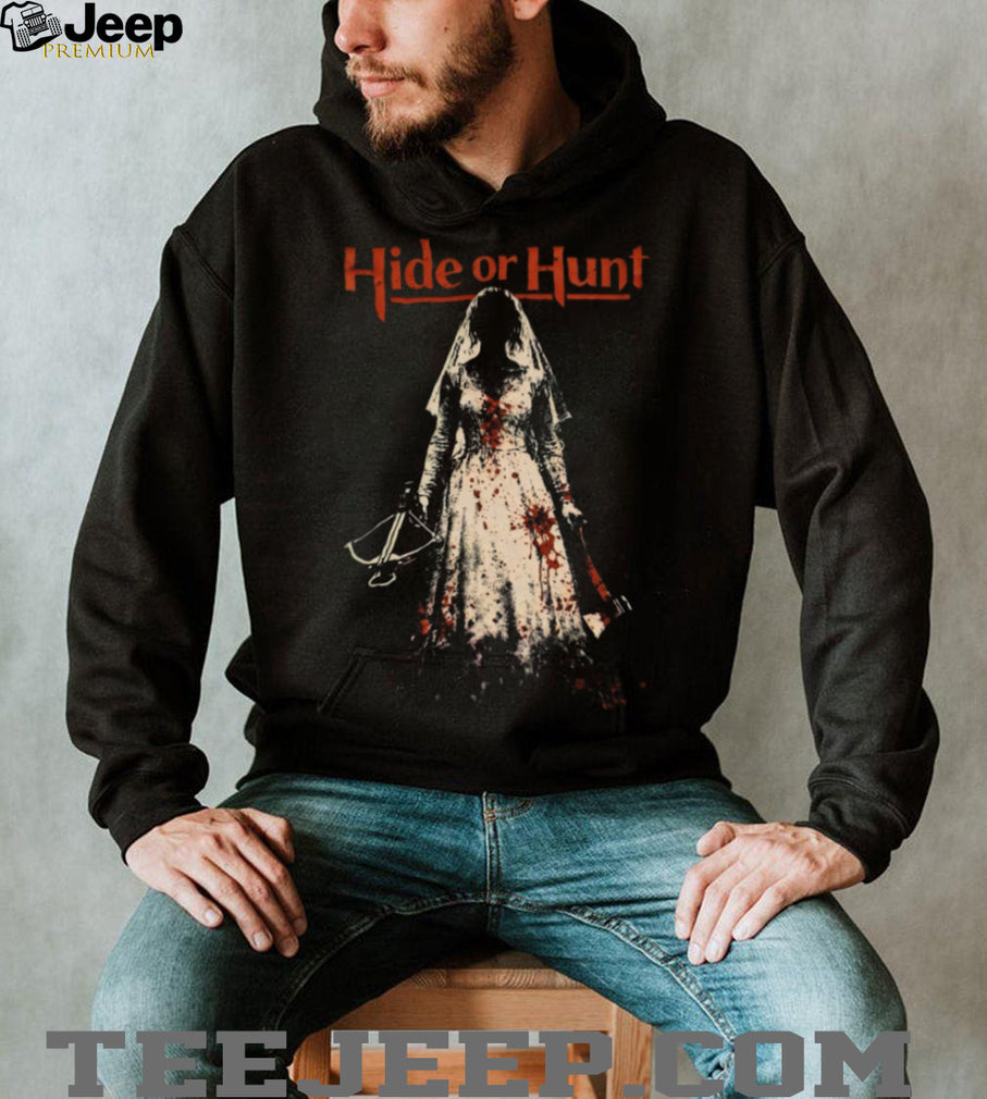 “Hide or Hunt” Horror Movie Inspired Blood Splatter Bride T Shirt