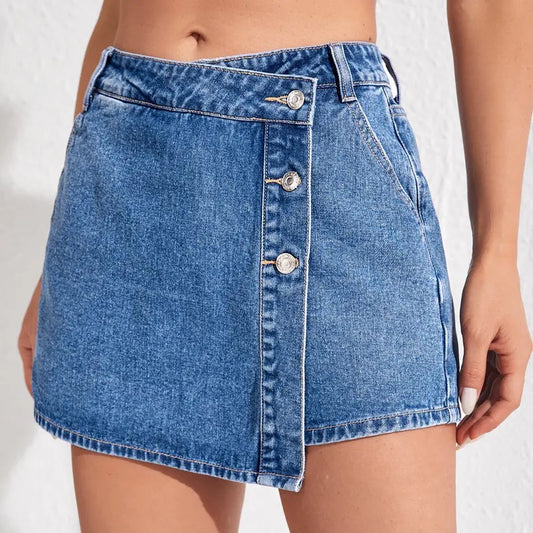High Waisted Button Front Denim Skort Asymmetrical Hem Skirt ShortsY2K