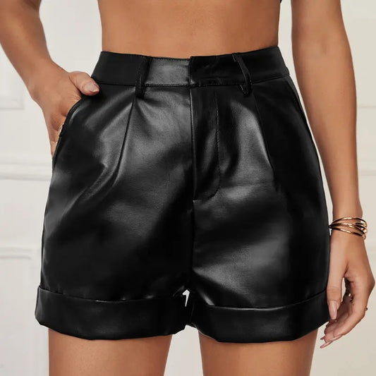 High Waisted PU Leather Shorts Roll Hem Shorts with PocketsY2K
