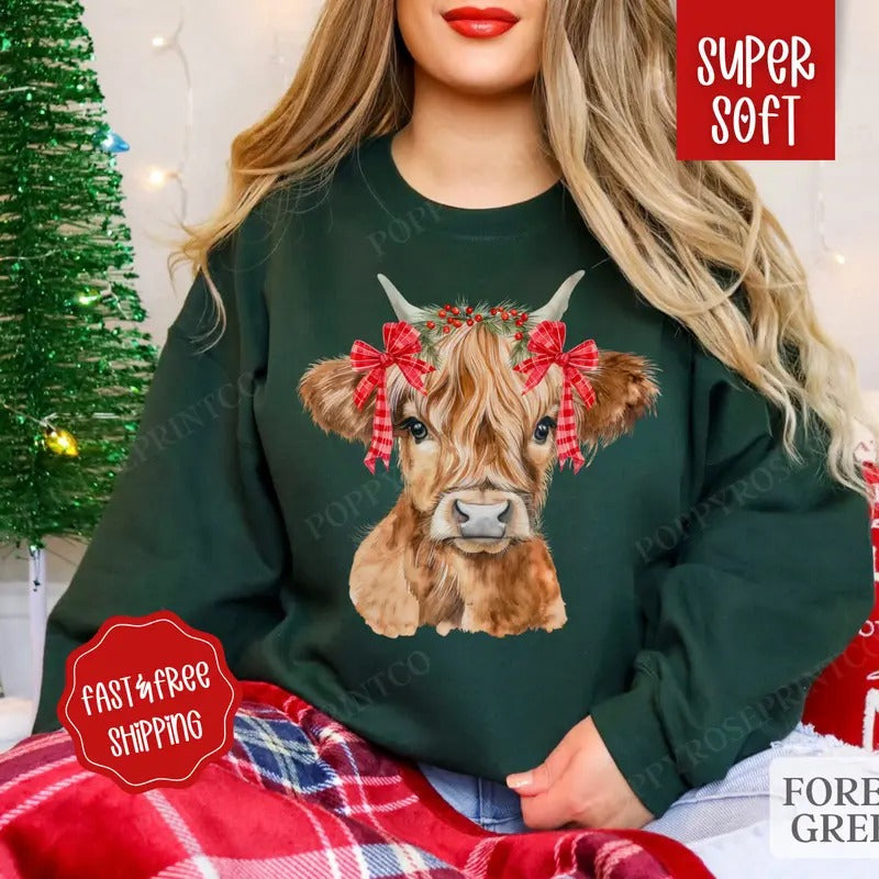 Highland Cow Christmas Sweatshirt, Christmas Sweater, Women's Holiday Crewneck