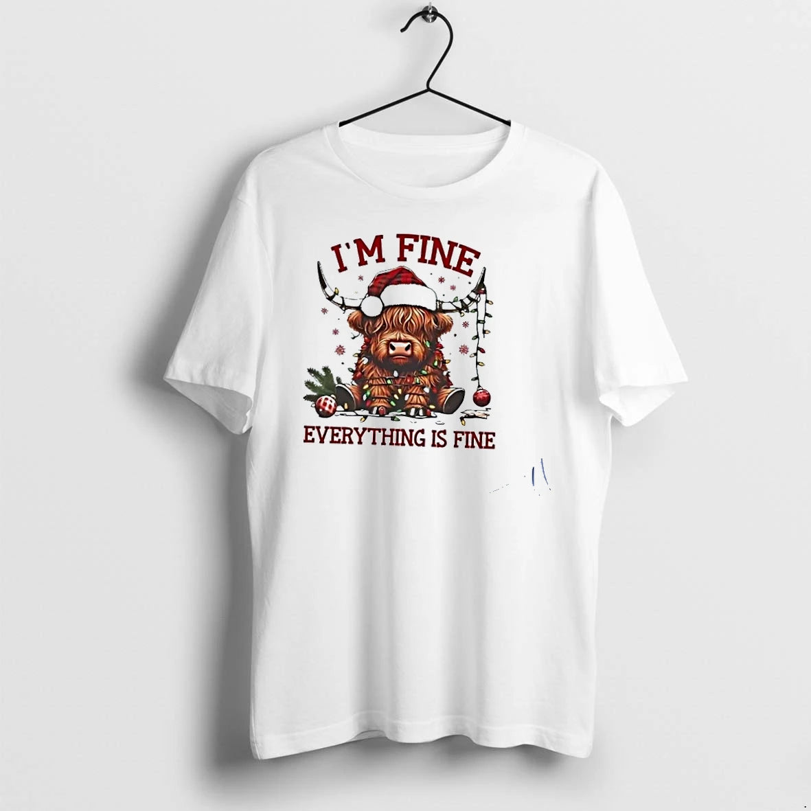 Highland Cow Im Fine Everything Is Fine Christmas Lights Tshirts Sweater