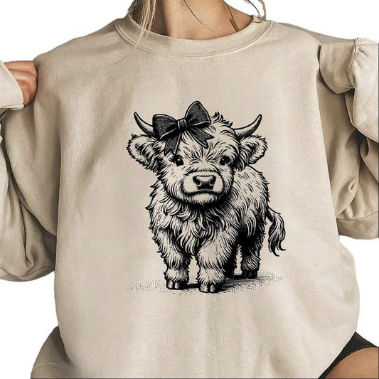 Highland Cow With Bow Sweatshirt Unisex, Cow Clipart, Highland Cow Farm Animal Unisex T-shirt Hoodie