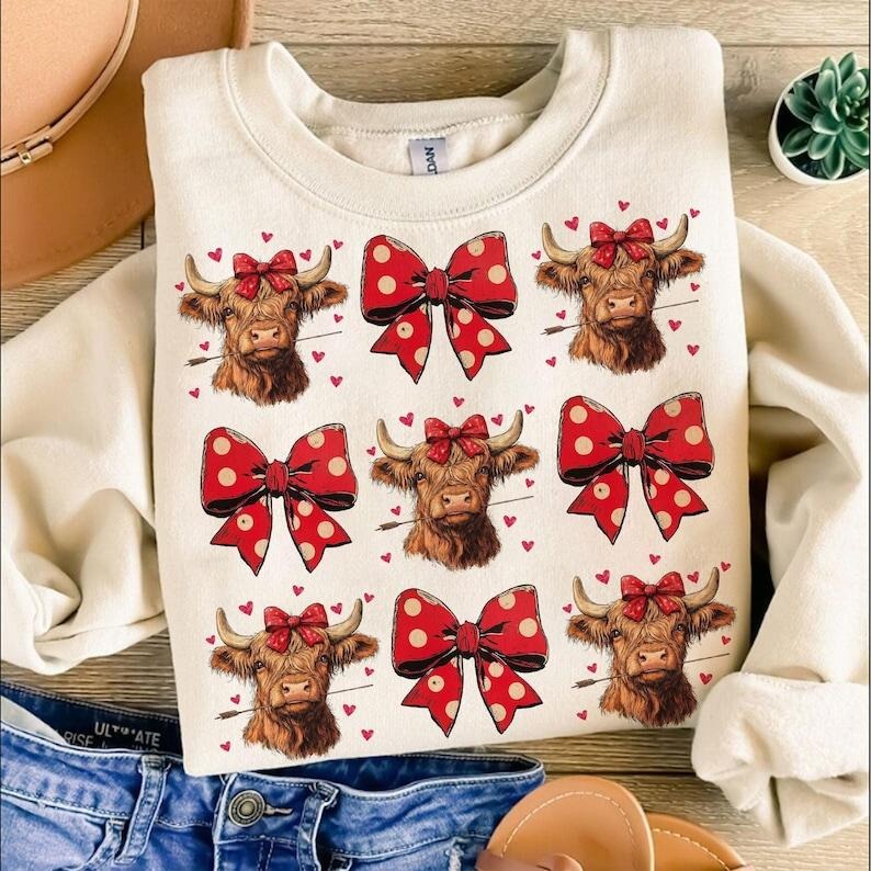 Highland Cow ,Sweatshirt,Valentine's day s,Valentine ,Coquette,Trending ,Girly Valentine T-Shirts, Hoodie | WearSparks.com