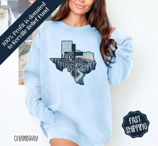 Hill Country Strong Comfort Colors Sweatshirt, Flood Support Crewneck Unisex