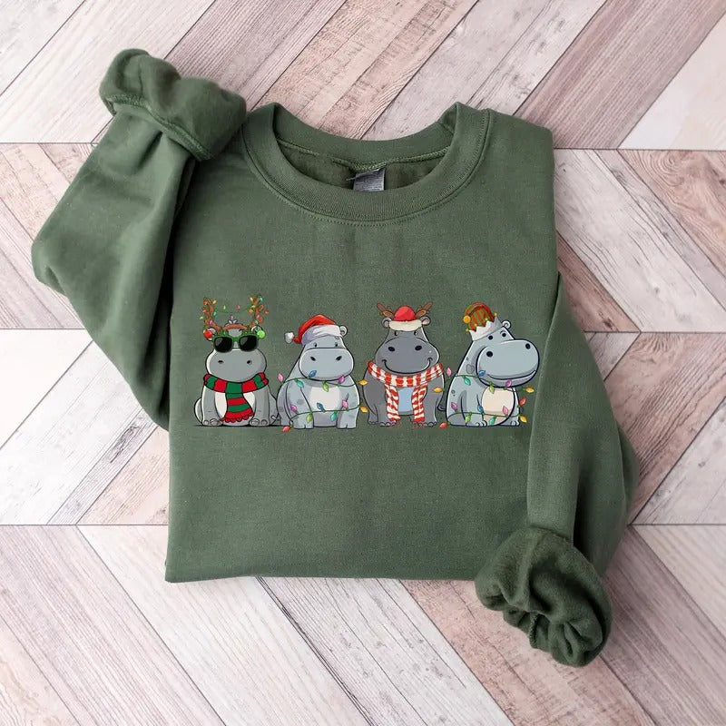Hippopotamus Christmas Sweatshirt, Retro Hippo Christmas Sweater, Winter Xmas Holiday Sweaters, Xmas Christmas Gift Shirt, Hippo Trendy Christmas Crewneck, Womens Christmas Shirt