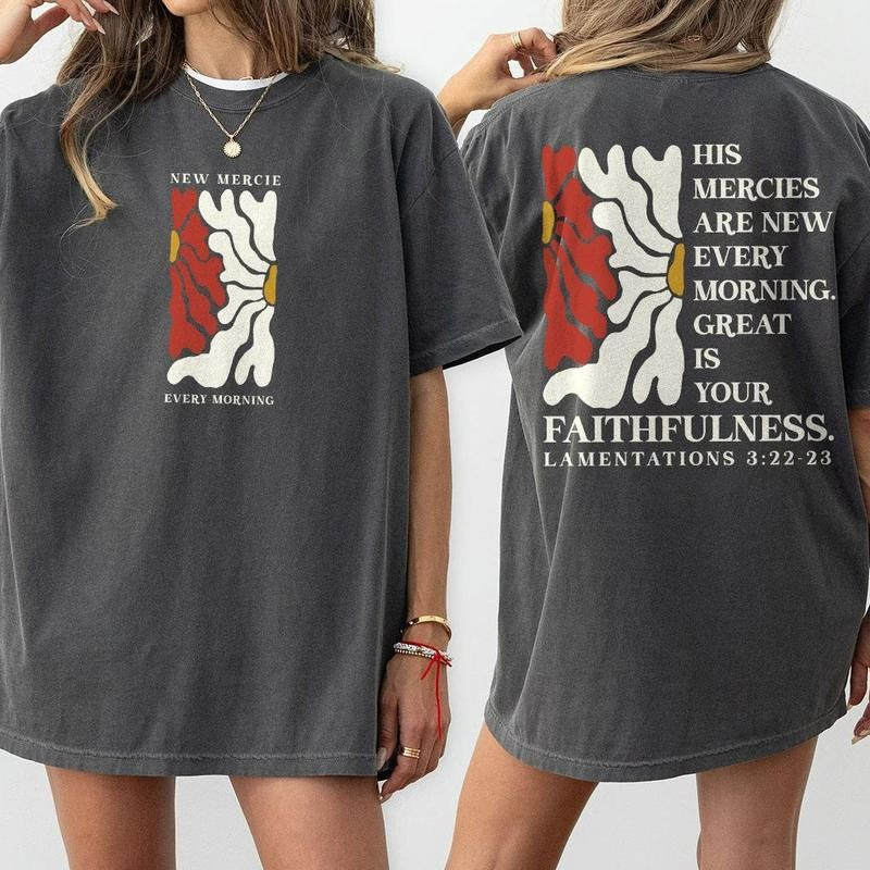 His Mercies Are New Shirt, Religious Boho Floral Tee, Christian Shirt for Women, Boho Christian Shirts, Faith Shirt, Jesus T-Shirt for Her, Wildflower Christian Gift Shirt, Christian Cross Tee, Cross Jesus Lover T-Shirt, Faith T-shirt Women Top Comfort