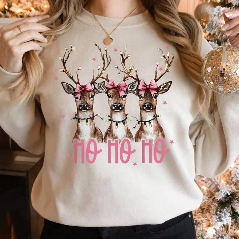 Ho Ho Ho Deer Sweatshirt, Christmas Reindeer Sweatshirt, Pink Christmas Sweatshirt, Xmas Christmas Sweater, Christmas Deer, Reindeer, Merry Christmas Shirt, Winter Holiday Shirt, Christmas Gift Shirt