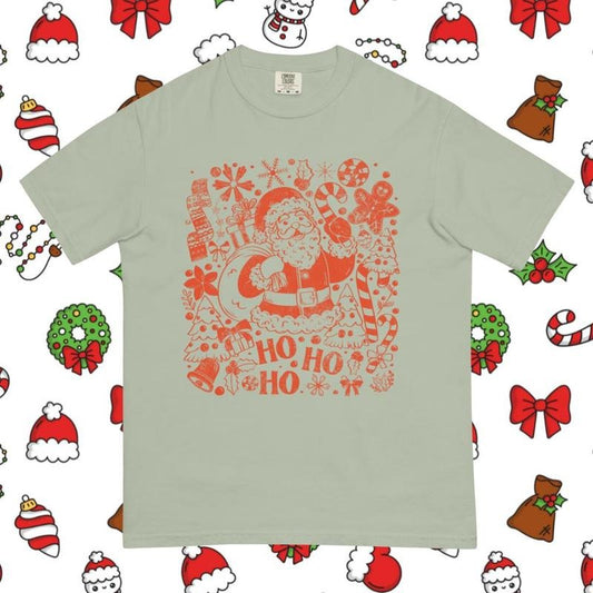 Ho Ho Ho Santa Shirt, Comfort Colors Christmas Tee, Retro Holiday Graphic with Candy Canes & Gingerbread