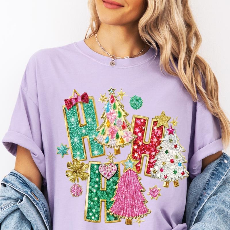 Ho Ho Ho Tree Faux Glitter Christmas Shirt~ Unisex Apparel Relaxed Fit Printed In The USA Clothing Womenswear Casual Comfort Cotton Top Athletic Boho Chic