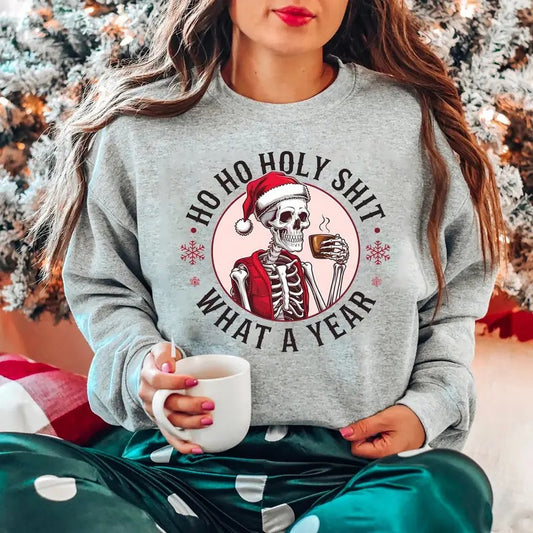 Ho Ho Holy Shit What A Year Sweatshirt, Vintage Christmas Shirt, Funny Christmas Sweatshirt, Ugly Christmas Sweater, Skeleton Christmas Shirt, Christmas Skeleton Sweatshirt, Coffee Skeletin Christmas Shirt