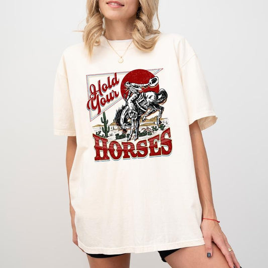 Hold Your Horses Graphic Tee, Retro Country Cowboy Shirt, Vintage 90s Western Shirt, Rodeo Shirt, Western Cowgirl Tee, Cowgirl Wild West Gift Shirt, Casual Women's Tops, Unhinged Menswear, Comfy Cotton Fabric Oversized Tee, Relaxed Fit Chic Style T-shirt