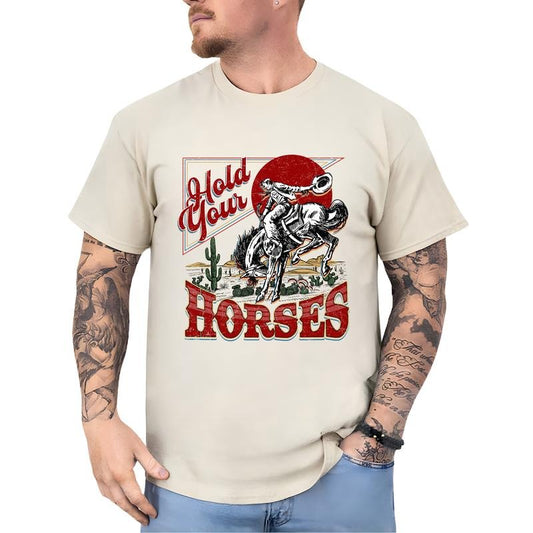Hold Your Horses Retro Graphic Tee, Country Cowboy Shirt, Vintage 90s Graphic Western Shirt, Rodeo Shirt, Western Cowboy Tee, Cowgirl Wild West Gift, Cool Gift Shirt For Men, Casual Short Sleeve Shirt, Daily Menswear, Unhinged Cotton Fabric Unisex Tee
