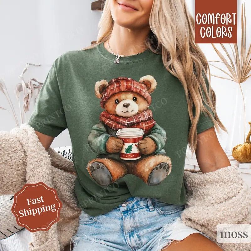 Holiday Bear Shirt Comfort Colors, Cute Christmas Tee, Women's Holiday Tshirt