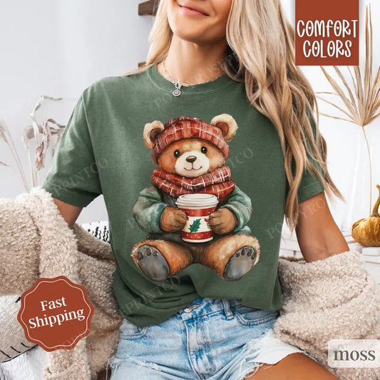 Holiday Bear Shirt Comfort Colors, Cute Christmas Tee, Women's Holiday Tshirt