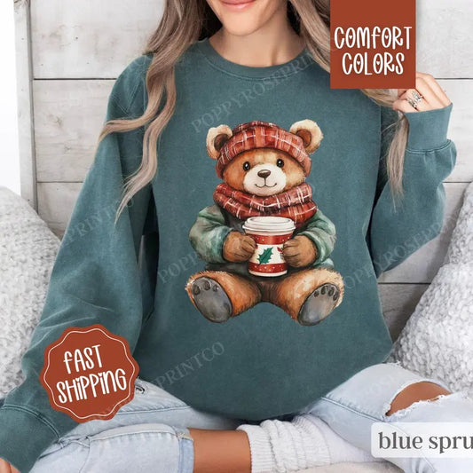 Holiday Bear Sweatshirt Comfort Colors,  Cute Christmas Sweater Womenswear,  Holiday Crewneck