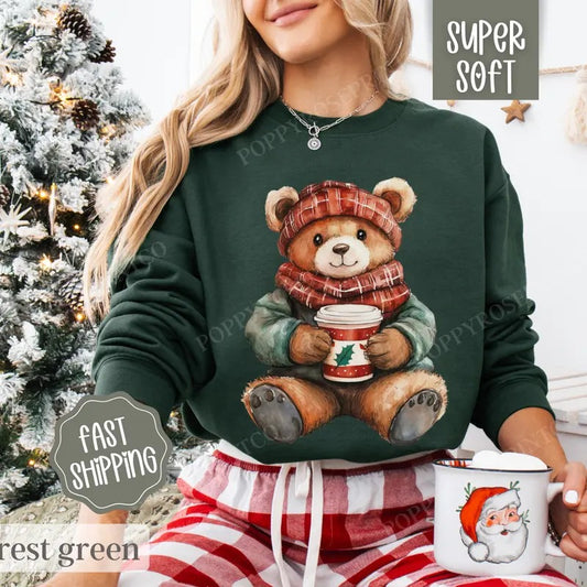 Holiday Bear Sweatshirt, Cute Christmas Sweater, Women's Holiday Crewneck