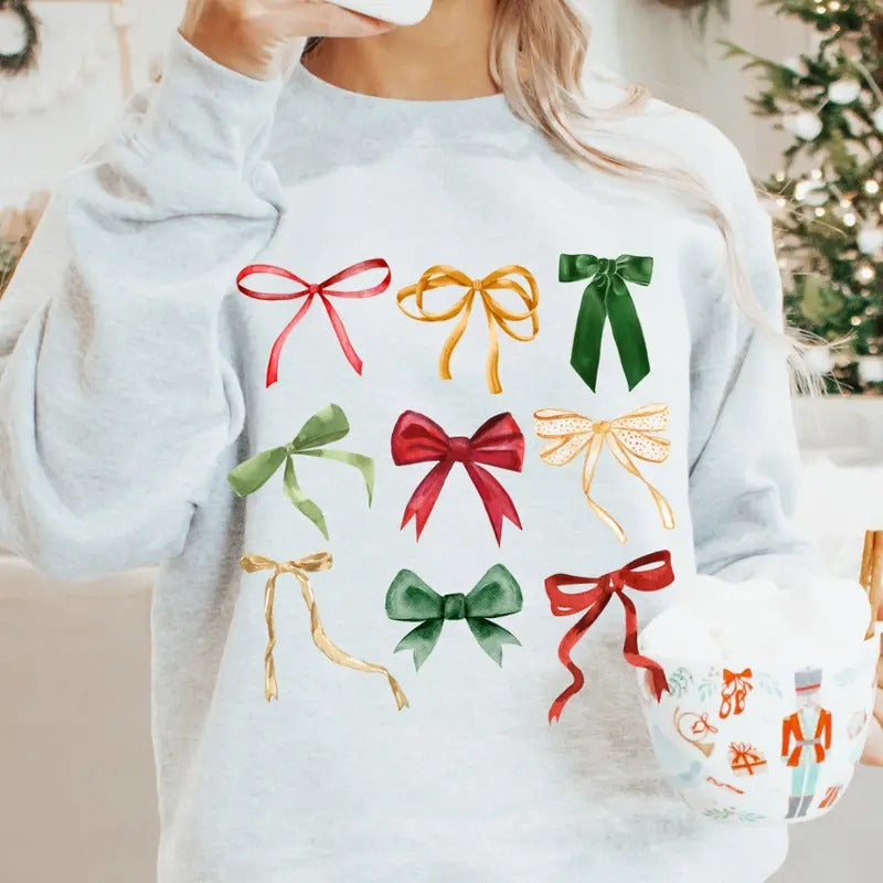 Holiday Bow Coquette New Festive Sweatshirt, Christmas Classic Bow Graphic Crewneck Sweatshirt Oversized