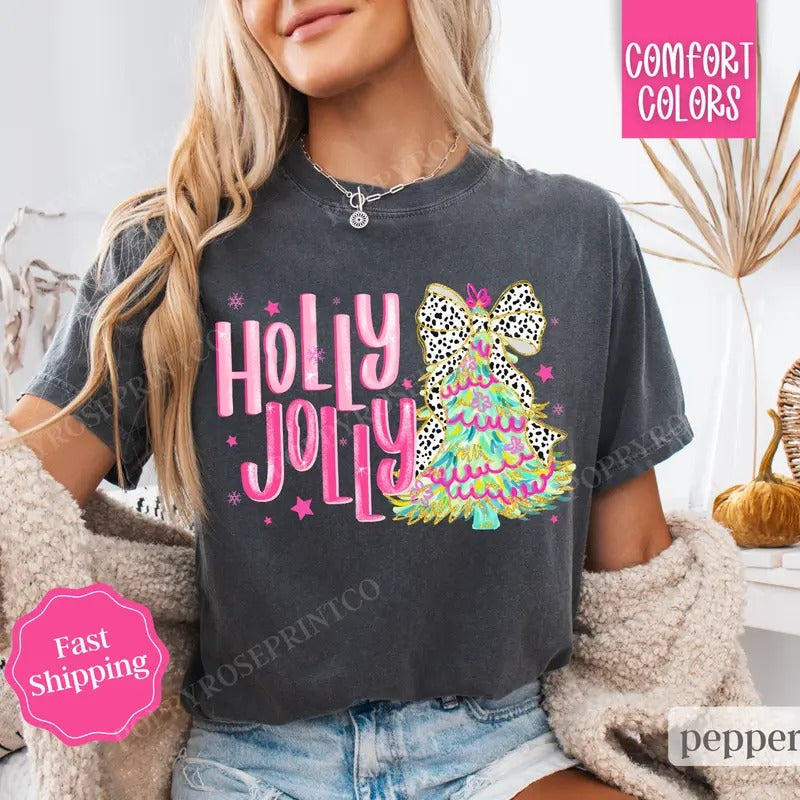 Holly Jolly Shirt Comfort Colors Christmas Tee, Women's Holiday Tshirt