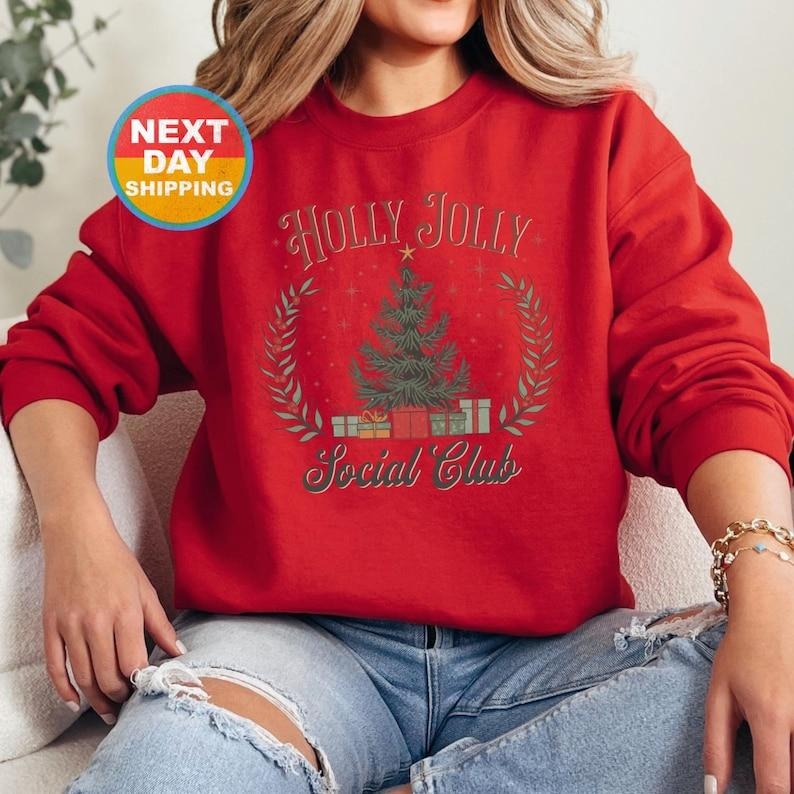Holly Jolly Social Club Sweatshirt, Christmas Tree Holiday Crewneck, Retro Holiday Sweatshirt, Cozy Christmas Sweater, Festive Xmas Tree