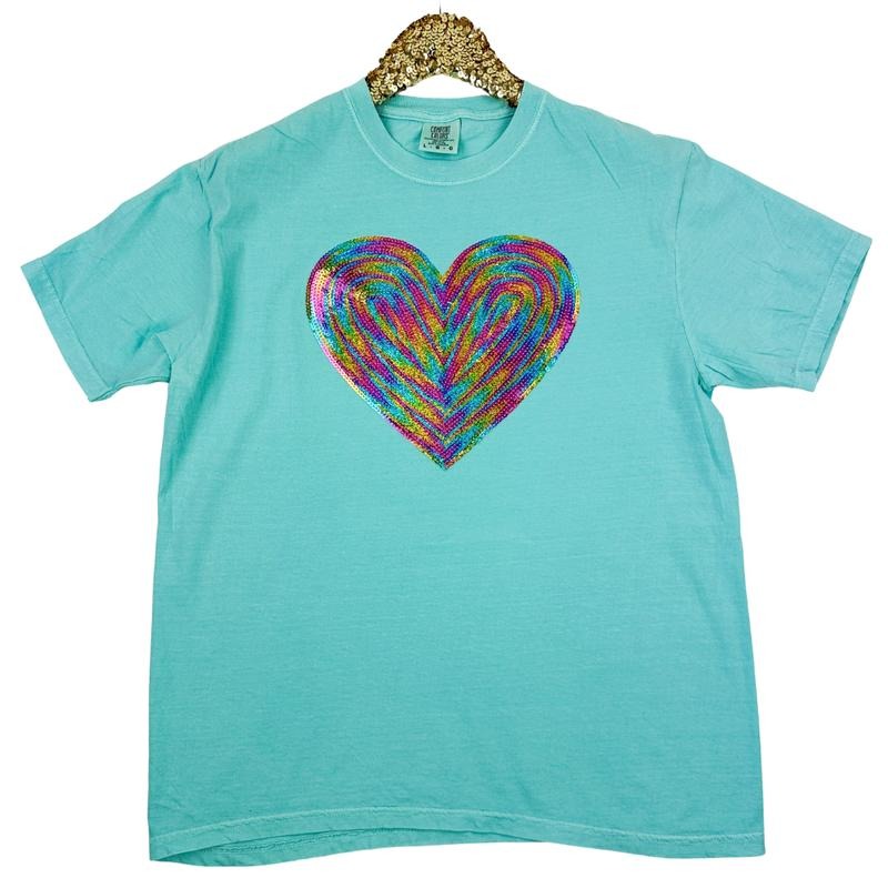 Holographic HEART Sequin Patch Comfort Colors T-Shirt -- Chalky Mint