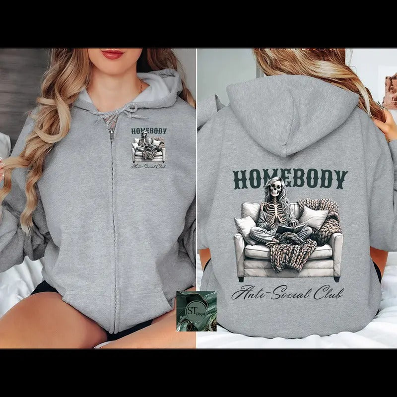 Homebody Social Club Zip Hoodie Black or Sport Grey