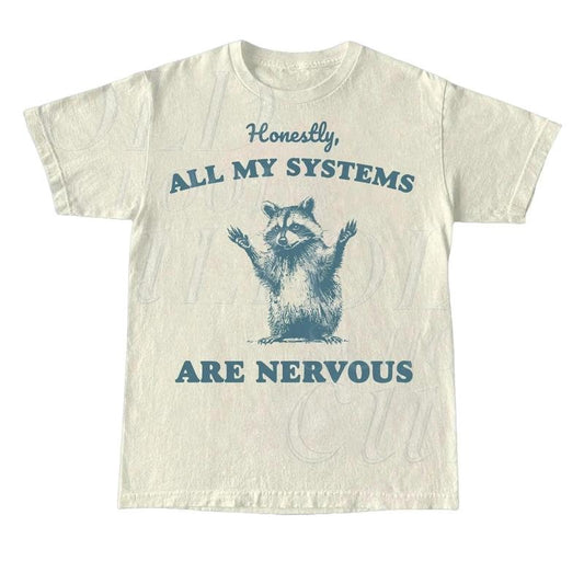 Honestly All My Systems Are Nervous Vintage T-Shirt, Retro 90s Raccoon Shirt, Oversized Trash Panda Tee, Funny Unisex Adult T Shirt Cotton Menswear