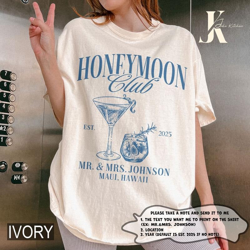 Honeymoon Club Mr & Mrs Shirts Custom Wifey Hubby Couple Shirts Luxury Cocktail Honeymoon Shirts Just Married Couples Matching Comfort Color Oversized Crew Neck Half Sleeve Drop Shoulder Unisex Casual Garment