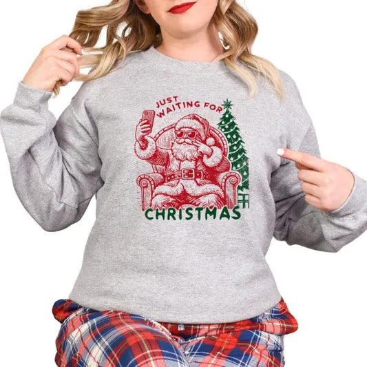 Santa Selfie 'Just Waiting on Christmas' Sweatshirt/Hoodie -Trendy, Fun Doodle Design | Line Art Style in Traditional Colors Cute & Cozy Holiday Vibes