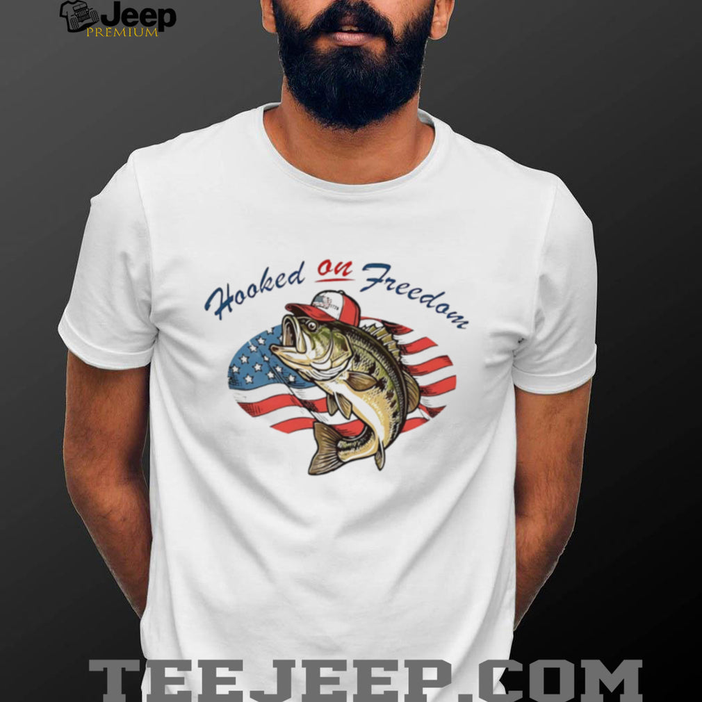 Hooked on Freedom Bass Fishing American Flag Patriot T Shirt