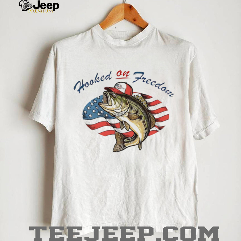 Hooked on Freedom Bass Fishing American Flag Patriot T Shirt