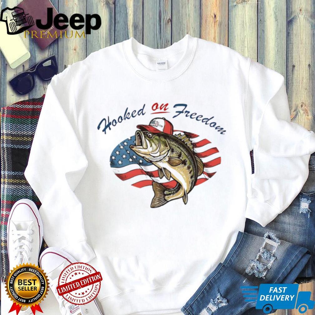 Hooked on Freedom Bass Fishing American Flag Patriot T Shirt