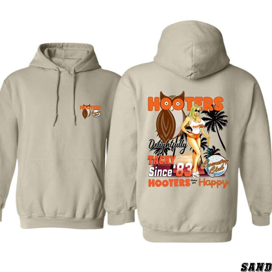 Hooters Delightfully Tacky Since '83 Hoodie - Classic Retro Design Celebrating Iconic Hooters Style, Perfect for Fans of Nostalgic Apparel and Casual Comfort, Unisex Hoodie for Everyday Wear and Special Occasions Menswear Sweaters