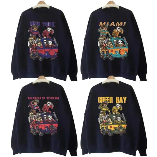 Hororr Character All Team Football Black Sweatshirt, Vintage All Team Football Graphic Halloween Sweatshirt, Halloween Sport Sweatshirt for Men, for Women