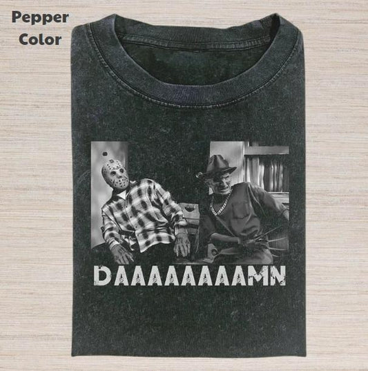 Horror Character Vintage Graphic Tee, Freddy Jason Daaamnnn T-Shirt, Movie Shirt, Unisex Meme Cringe Funny Dumb Shirt, Gift For Men Women, Menswear Womenswear Streetwear