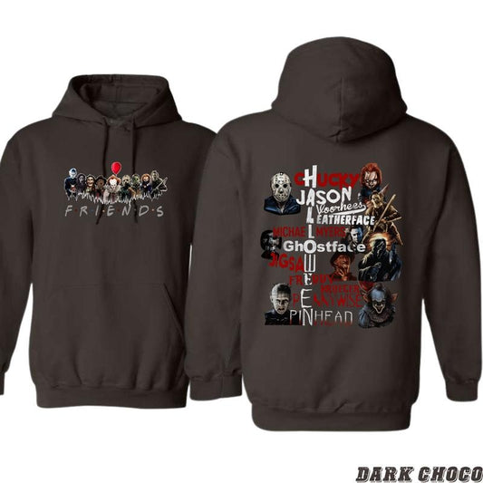 Horror Friends Hoodie - Iconic Horror Movie Characters Collage Featuring Chucky, Jason, Michael Myers, and More, Perfect for Halloween and Horror Fans, Cozy Hoodie for Movie Nights Menswear Sweaters