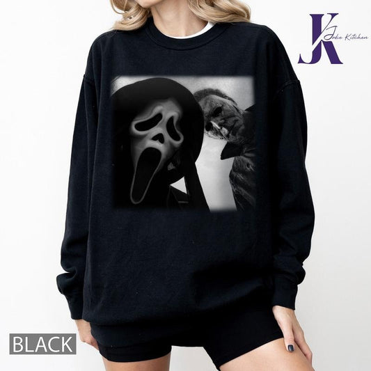 Horror Ghostface and Michael Meyers Sweatshirt, Vintage 90s Movie Sweatshirt, Halloween Comfort Colors Shirt, Horror Movie Shirt, Halloween Gift Womenswear Hoodie Tops Cotton Pullover Casual