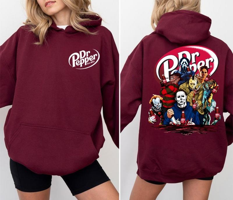 Horror Icons Pepper 2 Sided Hoodie, Scary Movie Villains Drinking Pop Tee, Funny Halloween Crew Hoodie, Spooky Group Costume, For Men, For Women