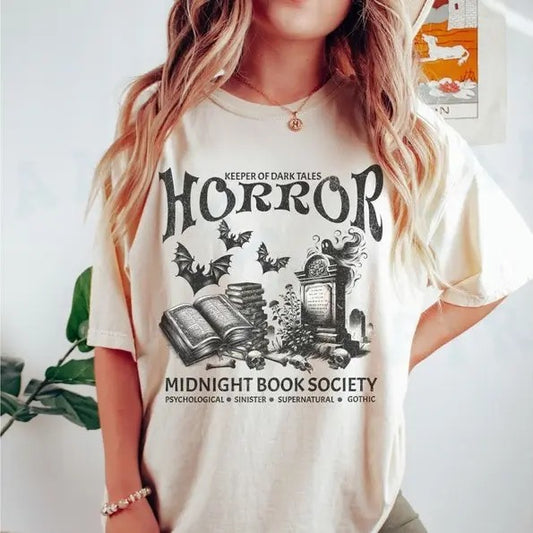 Horror Midnight Book Club Society Tee, Halloween Literary Vintage T-Shirt Psychic Supernatural Style Gothic Reader Horror Lover