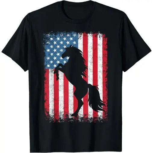 Horse American Flag USA 4th of July Men Women Boys Girls T-Shirt  Made in USA
