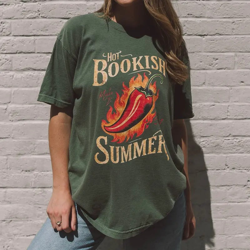 Hot Bookish Summer Graphic T-shirt,  Gift For Book Lover, Womenswear Crewneck Cotton Casual Fashion