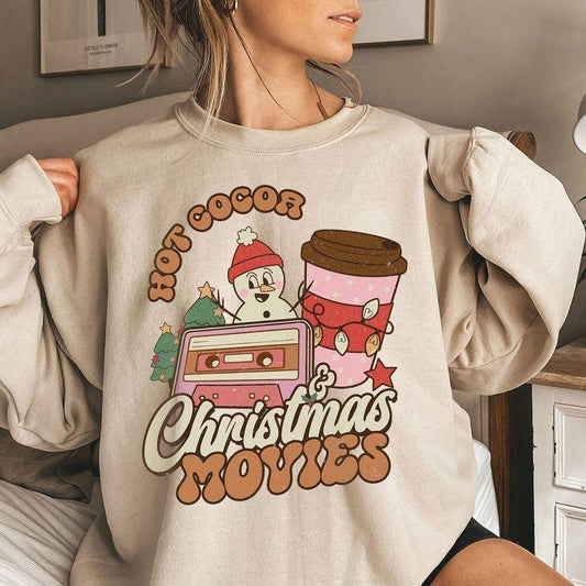 Hot Cocoa And Christmas Movies Sweater, Retro Christmas  Xmas Sweatshirts