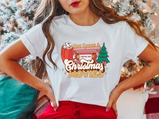 Hot Cocoa and Christmas Movies Shirt, Hot Chocolate Lover Holiday Gift Tee, Xmas Movies Family Shirts, Retro Christmas Couples Tees.