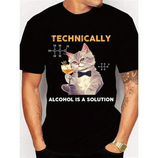 Hot Technically Alcohol Is A Solution Graphic Tshirt Funny Cat Drinking Beer Tshirt, Trendy Cotton Tops Short Sleeve, Street Style Short Sleeve Tee, Comfort Fit Men's Tee, Crew Neck Tee, Ultra Soft, Breathable,   made in usa