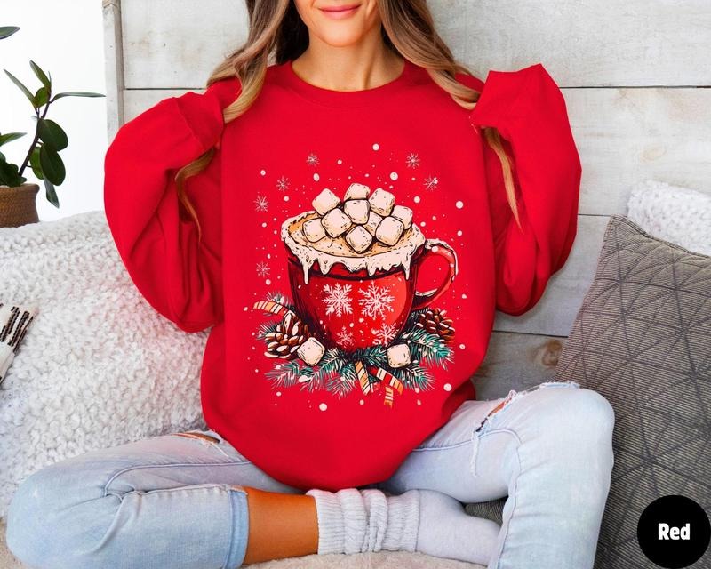 Hot coco Christmas sweatshirt, Christmas outfit, Christmas sweater, Winter sweater, Hot chocolate sweater, Marshmallows, Unisex Trendy