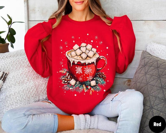 Hot coco Christmas sweatshirt, Christmas outfit, Christmas sweater, Winter sweater, Hot chocolate sweater, Marshmallows, Unisex Trendy