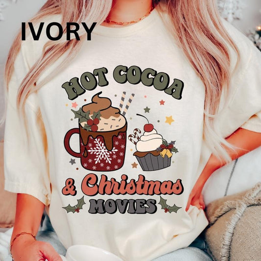 Hot cocoa and Christmas Movies T-shirt, Christmas Graphic shirt, Comfort Colors T-shirt, Oversized Christmas T-shirt, Graphic Christmas tshirt, Christmas Gift for Women, Lady Tshirt