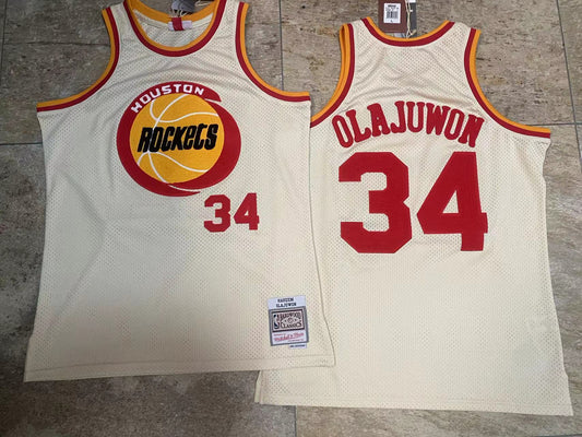 Houston Rockets Hakeem Olajuwon Mitchell & Ness Cream Chainstitch Swingman Jersey