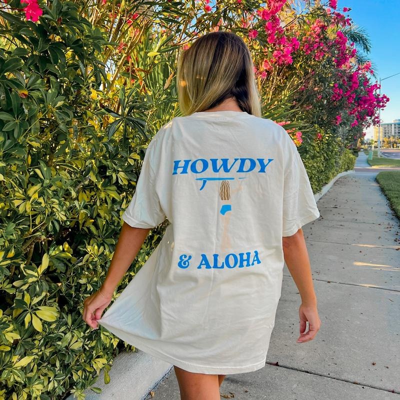 Howdy & Aloha Shirt, Coastal cowgirl aesthetic, cowgirl beach days, beach oversized t-shirt Comfort Cotton