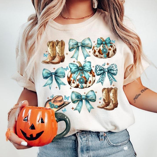 Howdy Fall Western Pumpkin Shirt, Fall Cowhide Pumpkin, Fall Sweatshirt, Coquette Bow Pumpkin Unisex Cotton Crewneck Hoodie