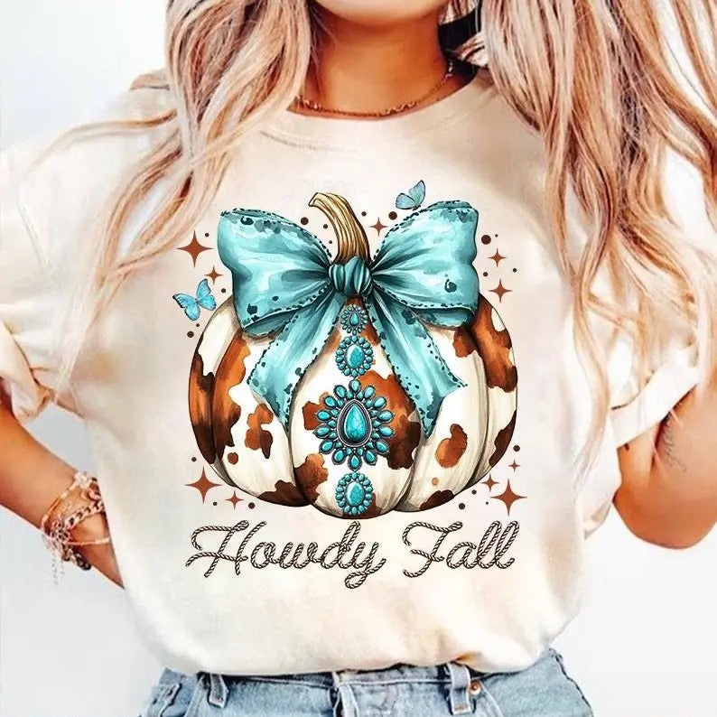 Howdy Fall Western Pumpkin Shirt, Fall Cowhide Pumpkin, Fall Sweatshirt, Western Pumpkin Unisex Cotton Crewneck Hoodie